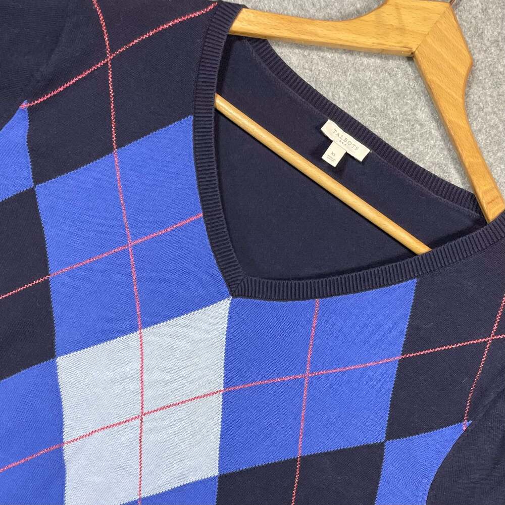 Talbots Women's Argyle V-Neck Long Sleeve Pullover Sweater Navy Blue